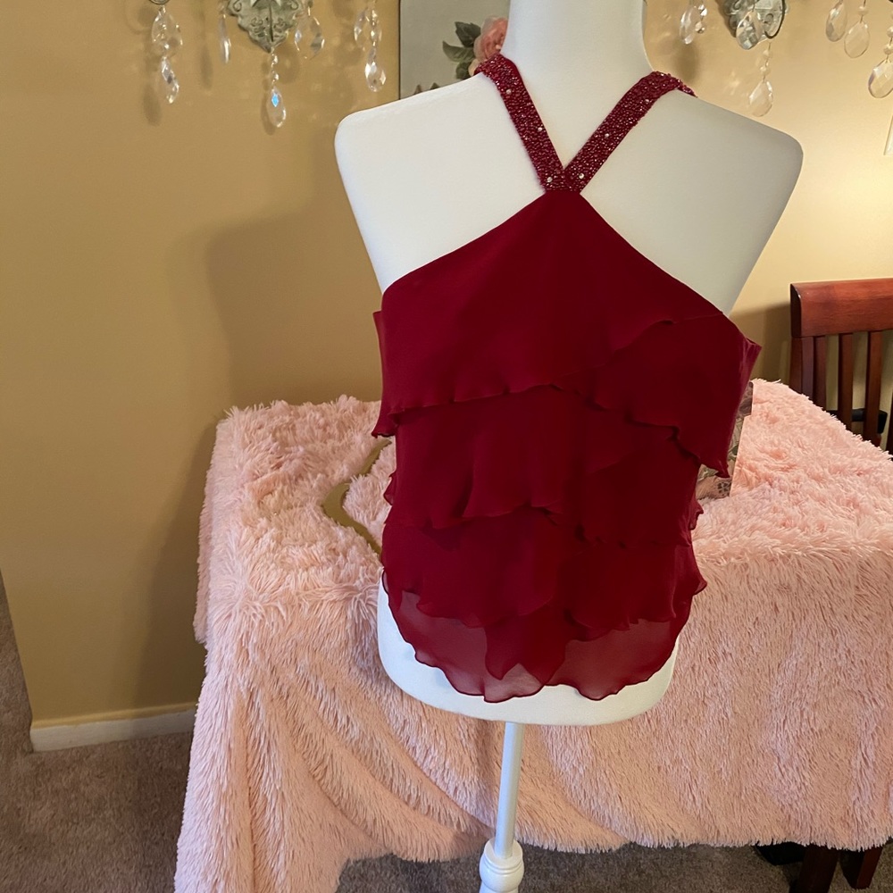 SILK Red Ruffled Tier Top with Red &Clear Crystals